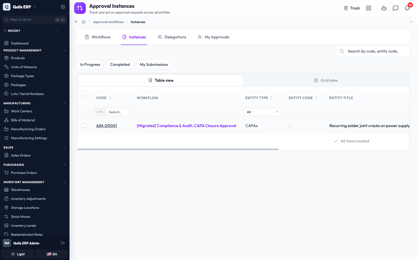 The Instances tab listing approval requests with their workflow, entity and status