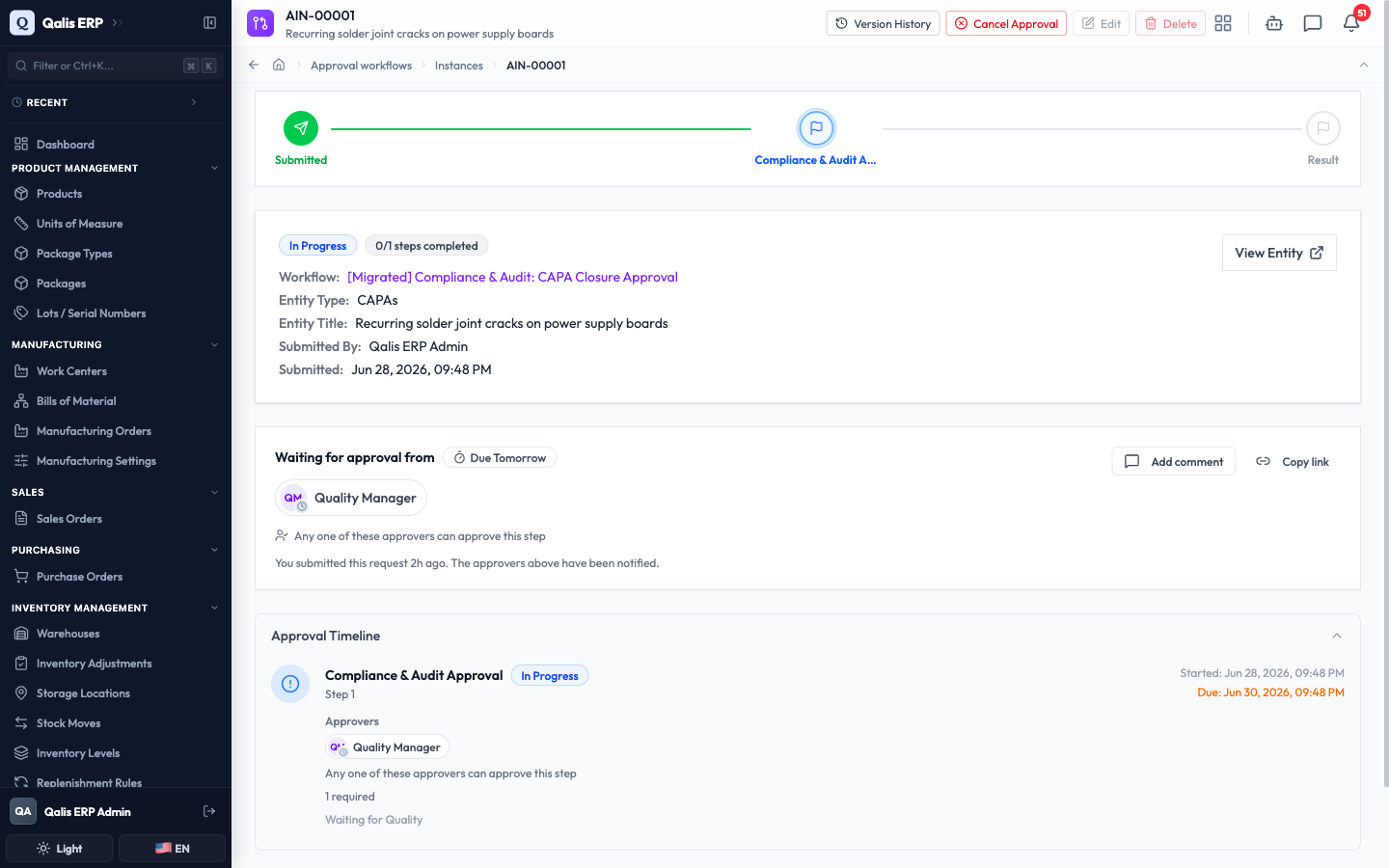 An approval request page showing the progress, the approver who is needed, and the approval timeline