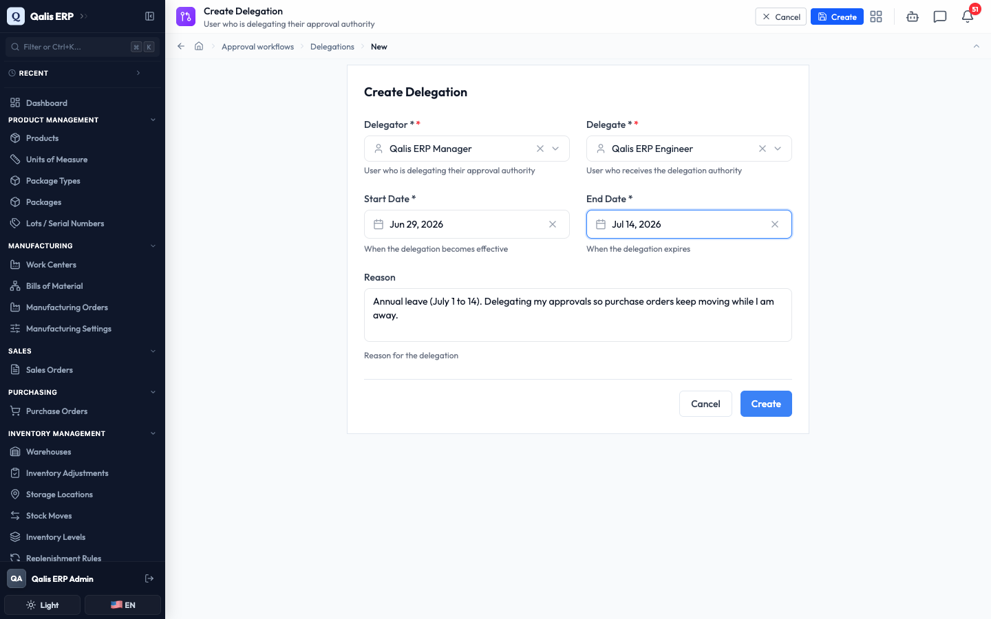 The Create Delegation form with a delegator, delegate, date range and reason filled in