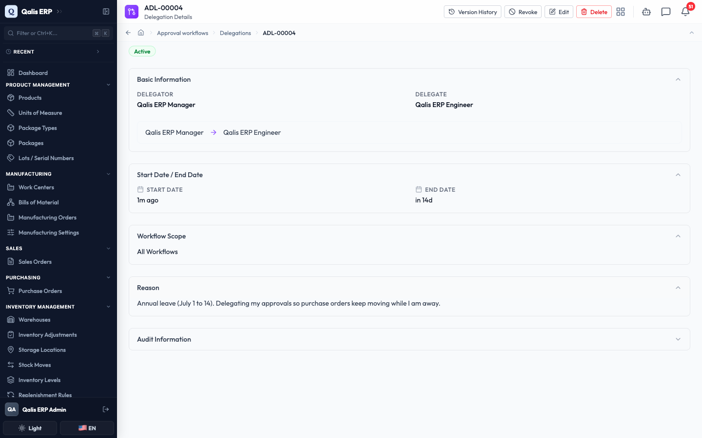 The new delegation page showing it is active, who covers whom, the dates and the reason