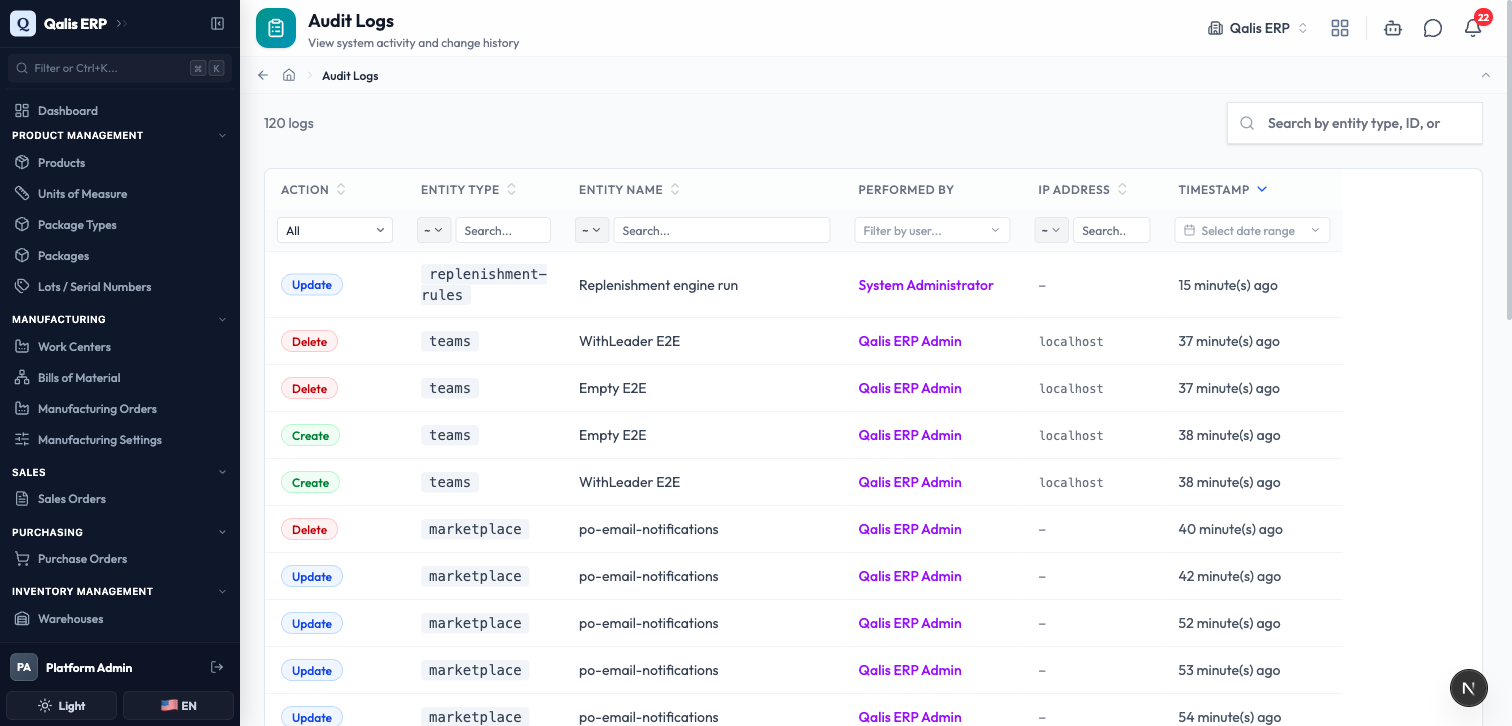The Audit Logs page, a list of recent activity with colored action badges