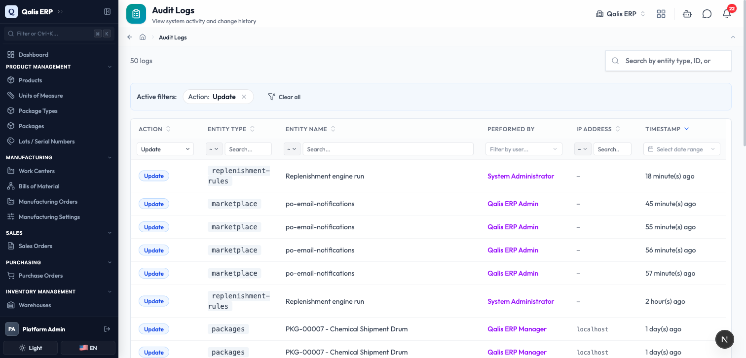 The audit log filtered to only Update actions, with the active filter shown as a chip