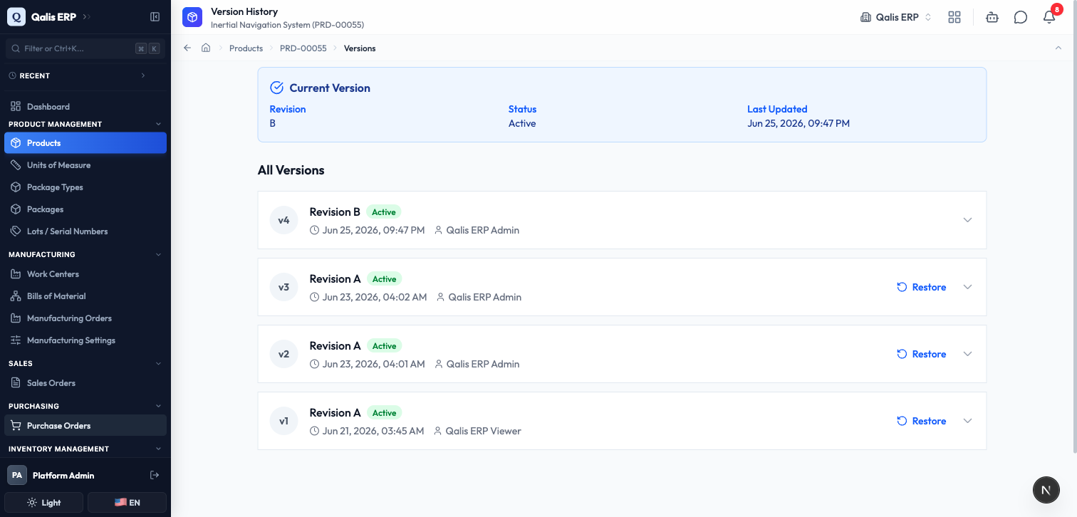 The Version History page, with the current version card and the full list of past versions