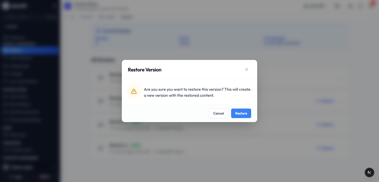 The Restore Version confirmation window, with Cancel and Restore buttons