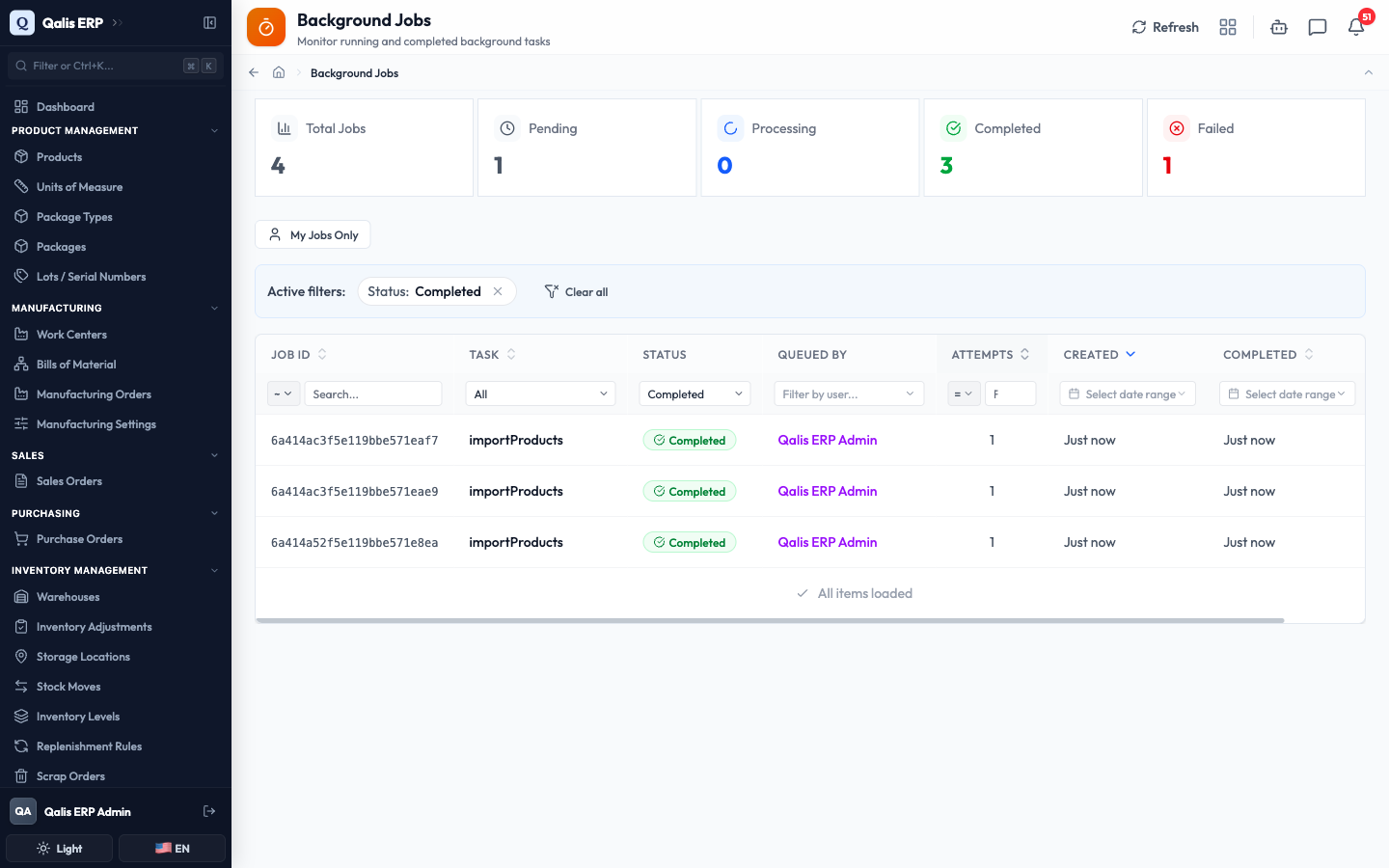 The list filtered to Completed jobs, with an Active filters banner showing the applied filter