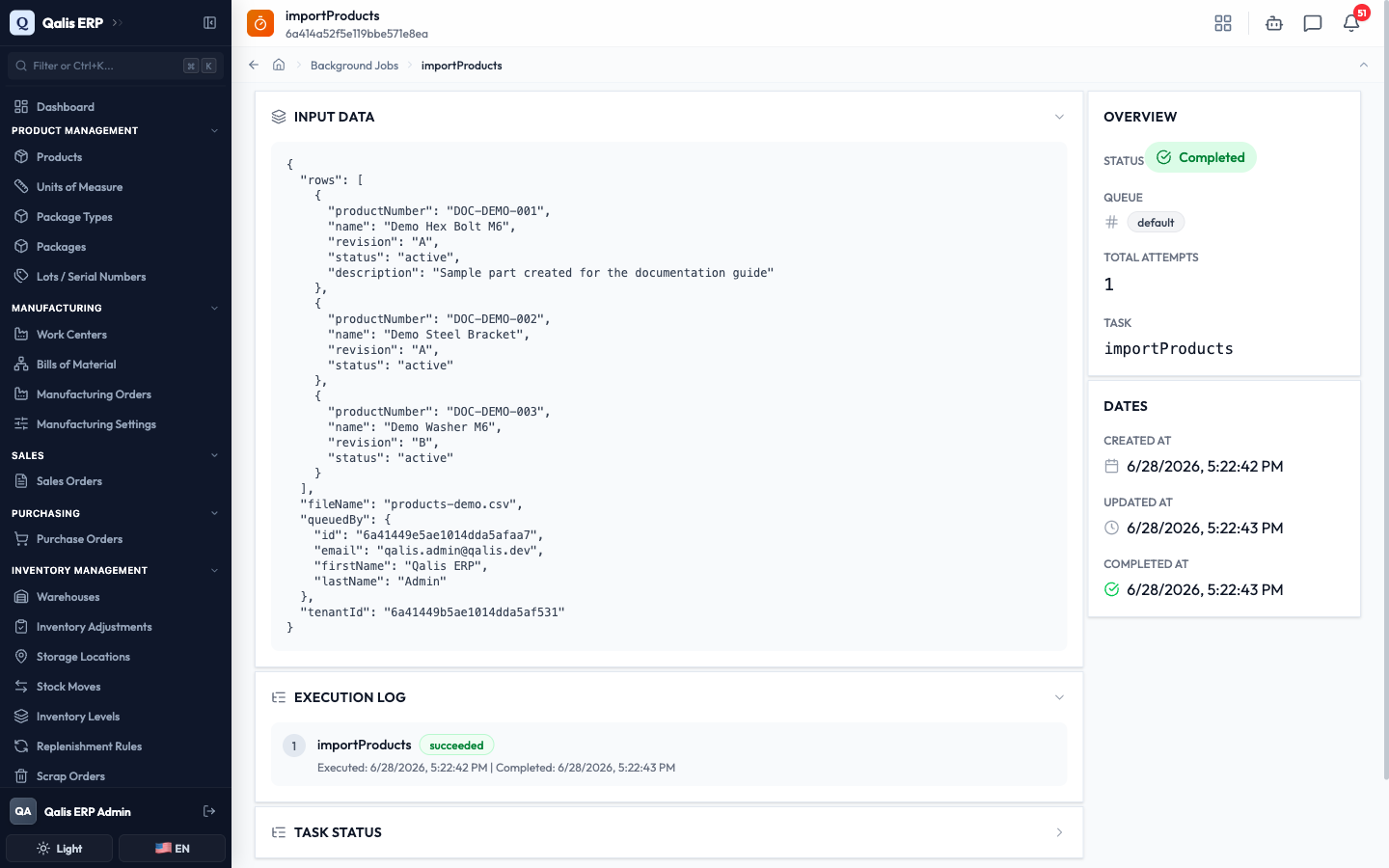 A completed job's detail page showing the Input Data, Overview, Dates, and Execution Log