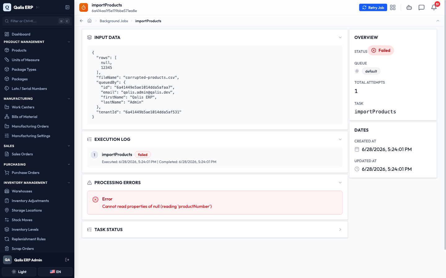 A failed job showing the Retry Job button, the Failed status, and the Processing Errors message