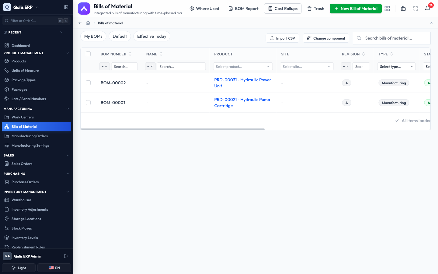 The Bills of Material list with two records, the top bar actions and the quick filters