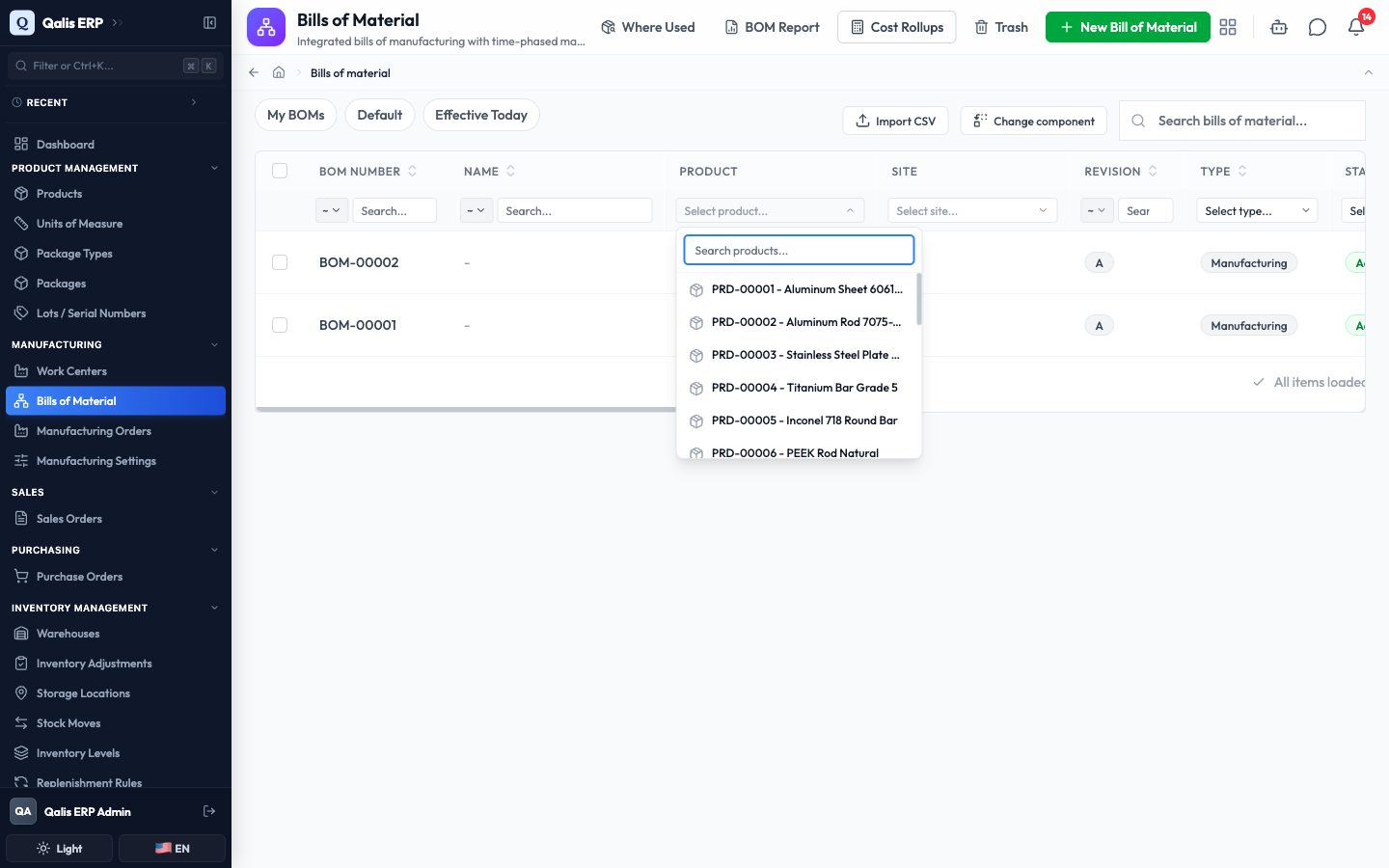 The Product column filter open, showing a searchable list of products