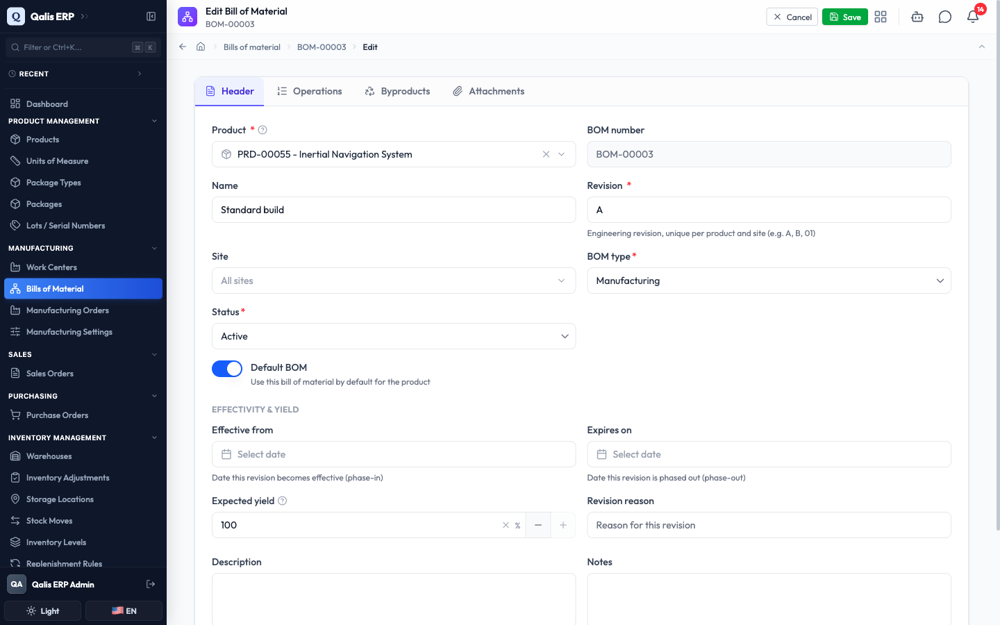 The edit form with the status changed to Active and the Default BOM switch turned on