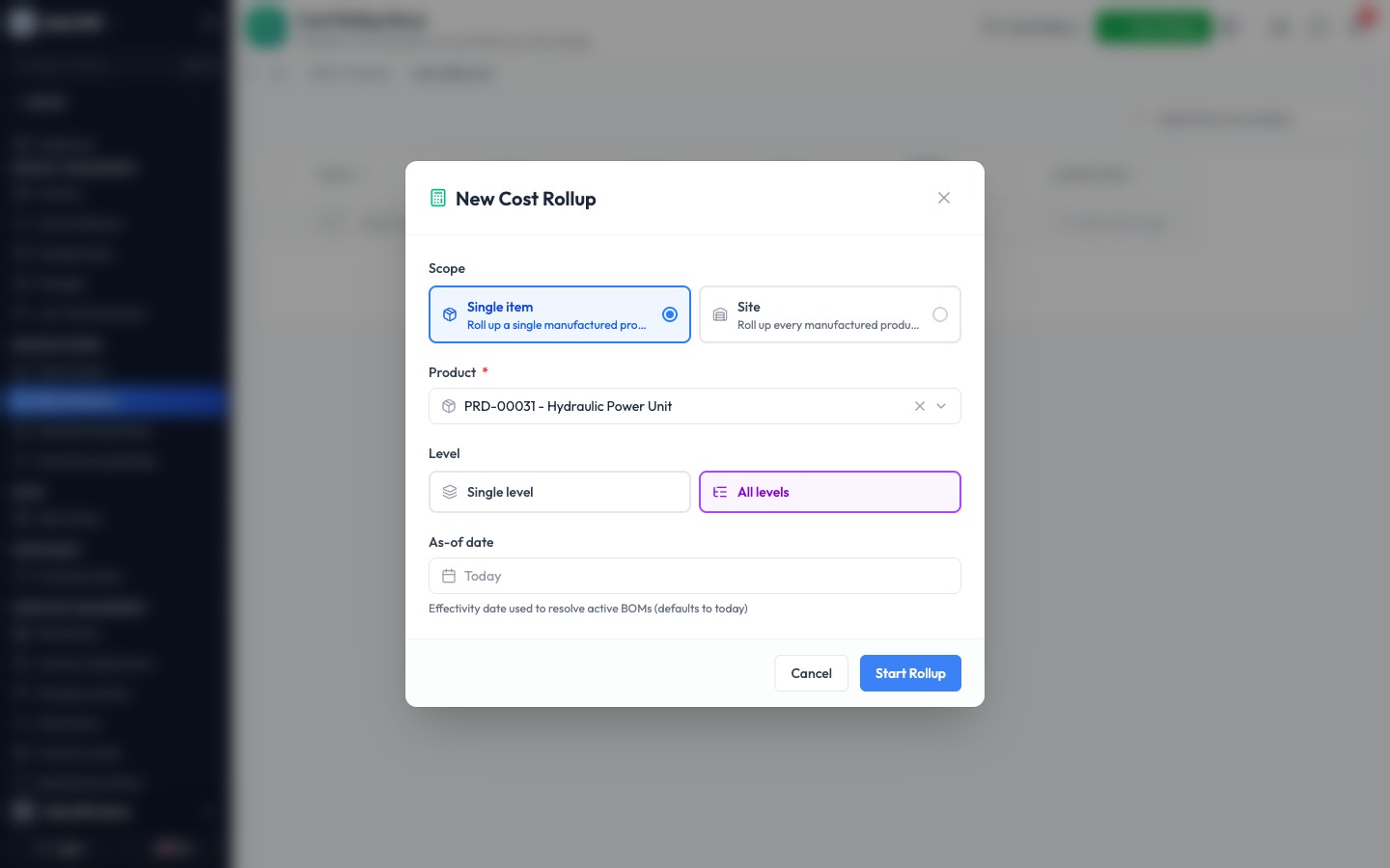 The New Cost Rollup dialog with a single product selected and All levels chosen