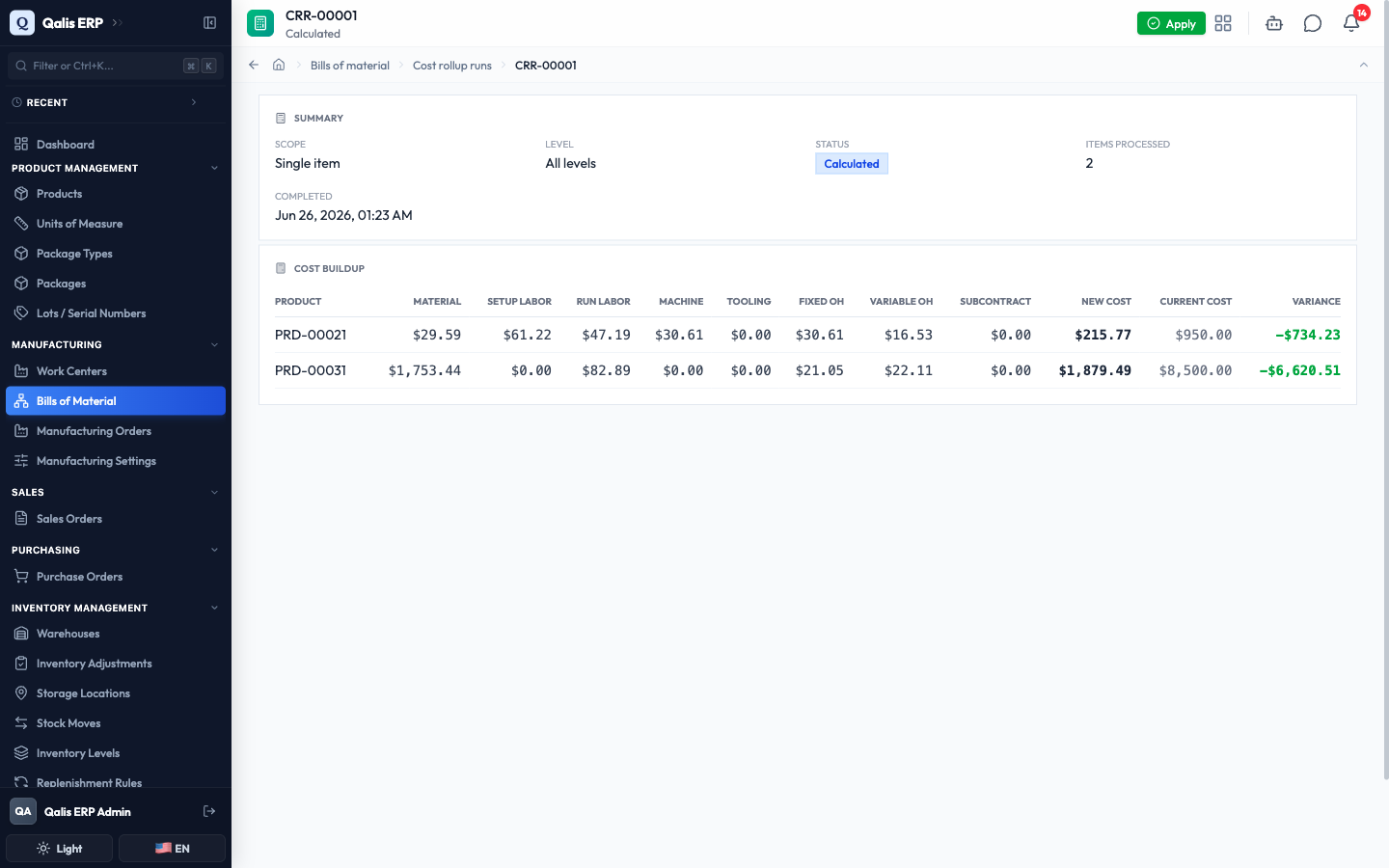 A finished cost rollup run showing the cost buildup table with new cost, current cost and variance per product