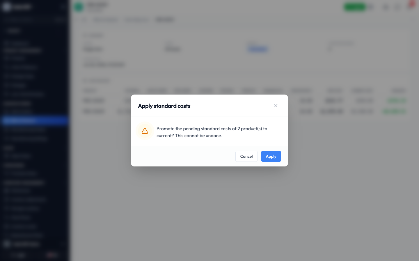 The Apply confirmation asking to promote the pending standard costs of two products to current