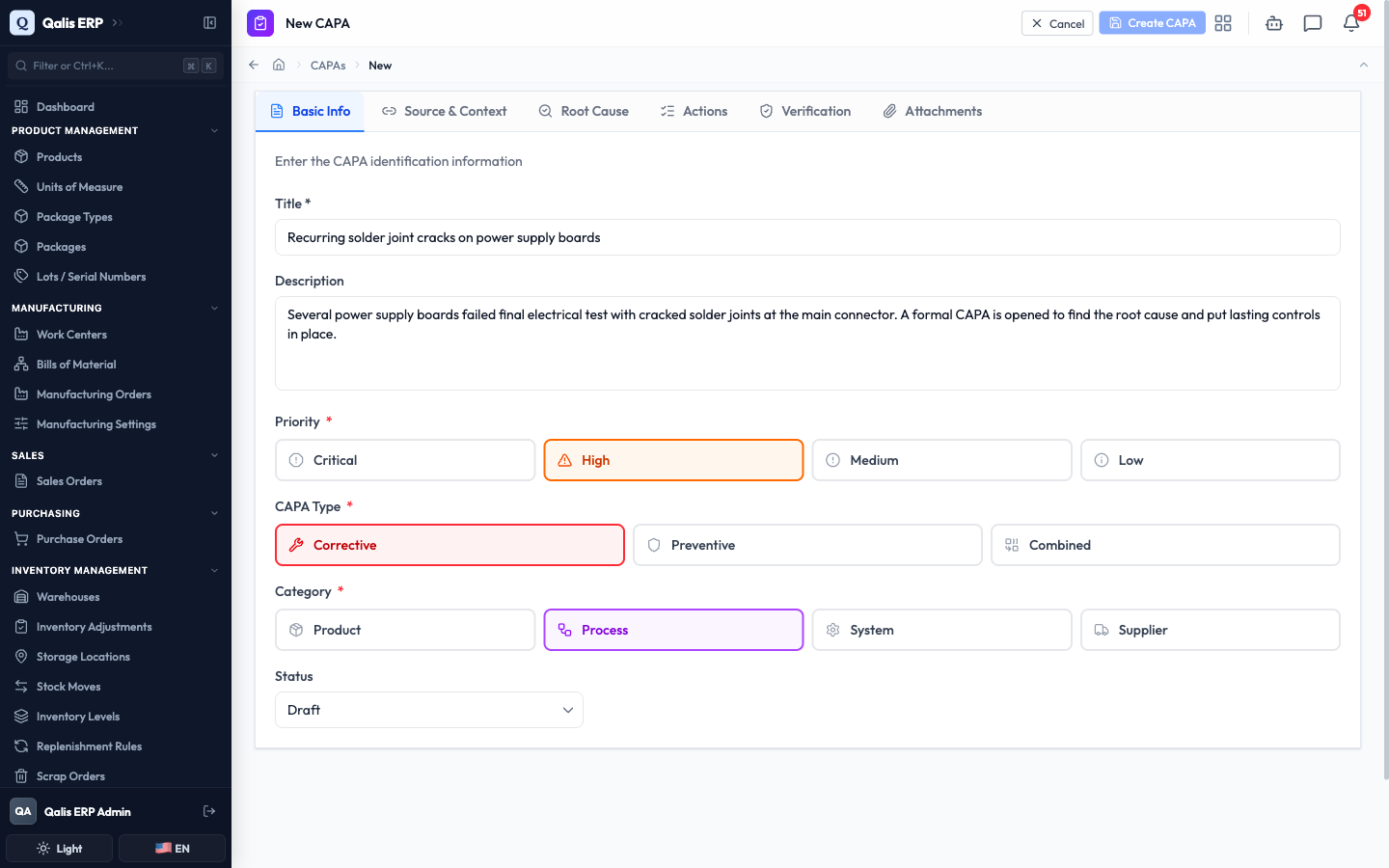 The Basic Info tab with a title, description, and the Priority, Type, and Category choices selected