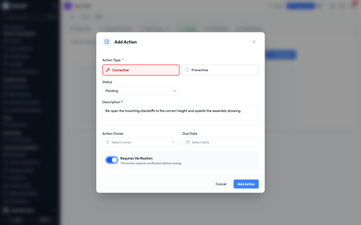 The Add Action panel with a corrective action described and Requires Verification turned on