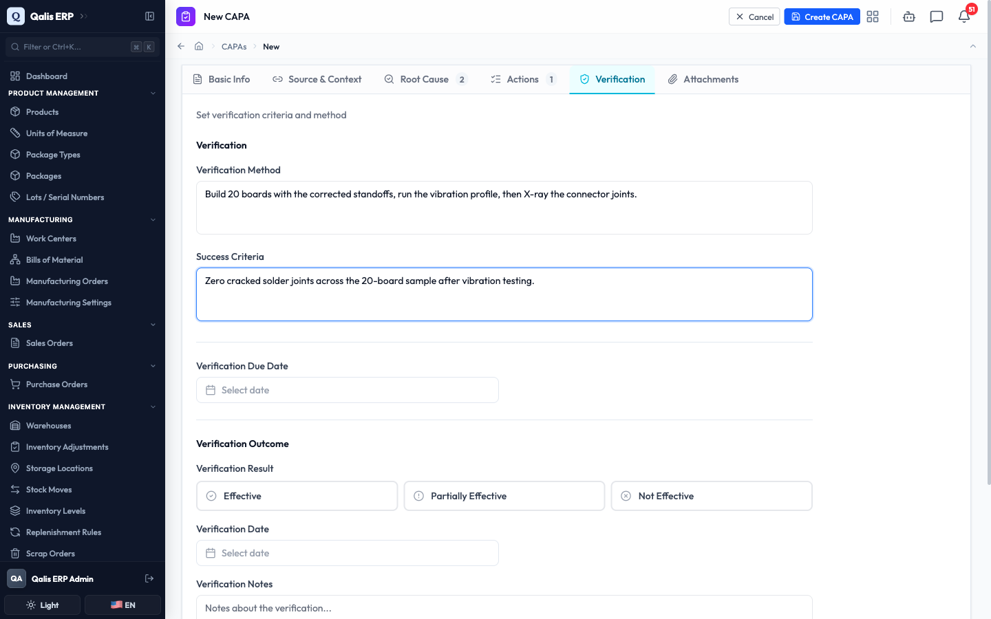 The Verification tab with a method and success criteria filled in