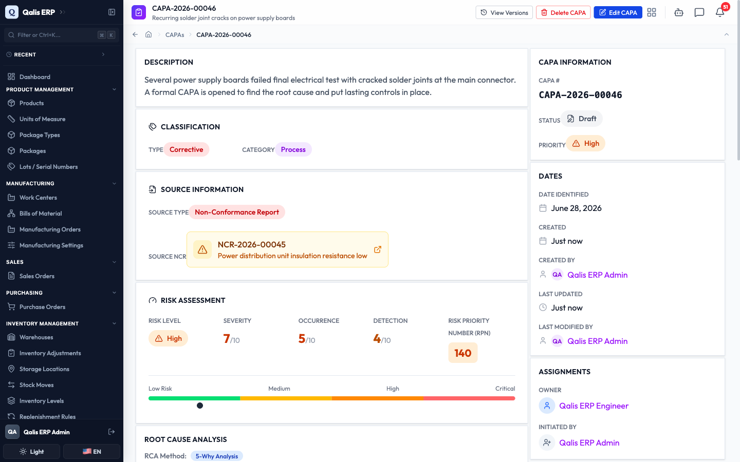 The detail page of the newly created CAPA, showing its number, classification, linked NCR, and risk score