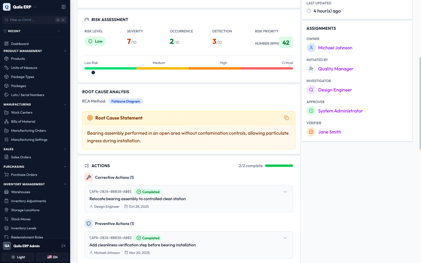 The Risk Assessment scale and the Root Cause Analysis section on the detail page