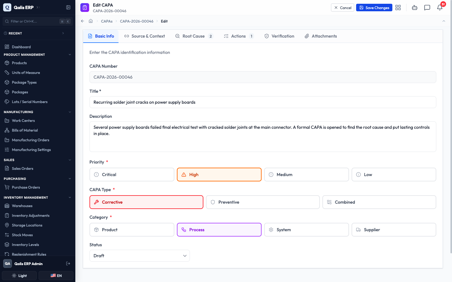 The edit form on the Basic Info tab, with the CAPA number locked and the other fields editable