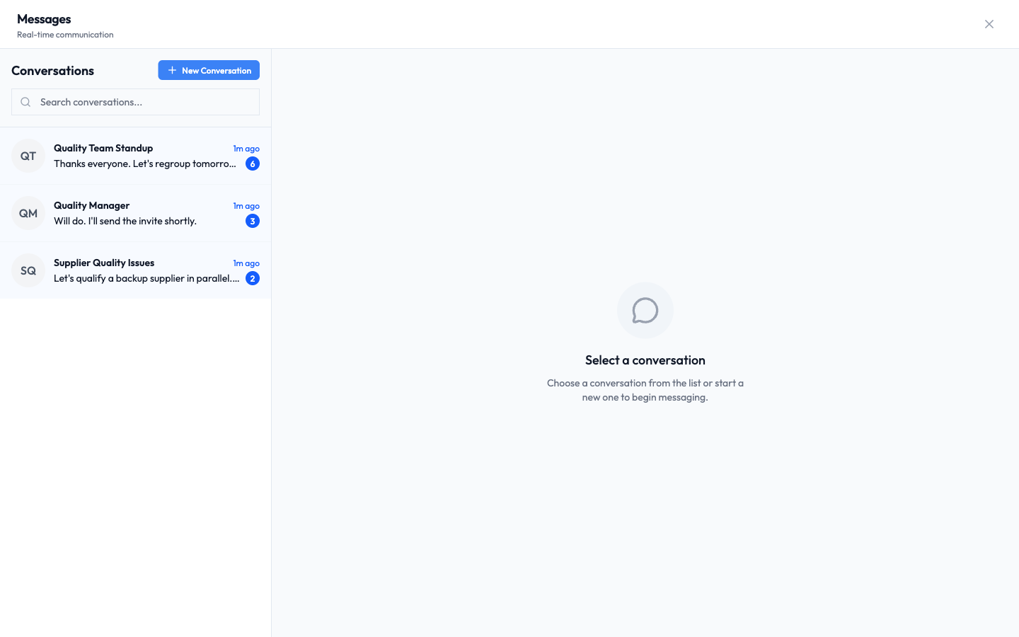 The Messages panel open, with a list of conversations on the left and a Select a conversation prompt on the right