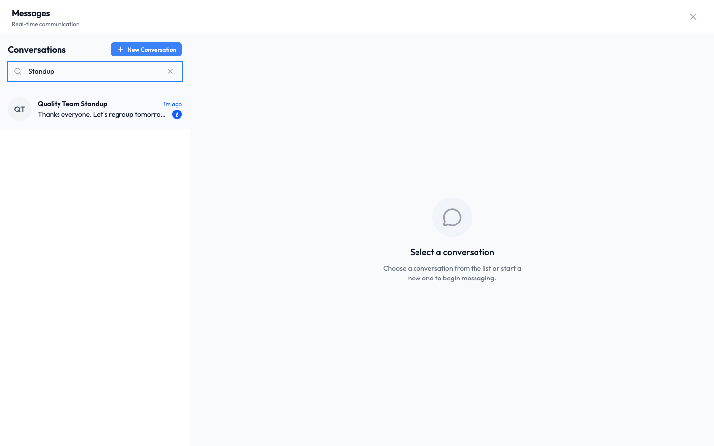 The conversation list filtered to a single result after typing Standup in the search box