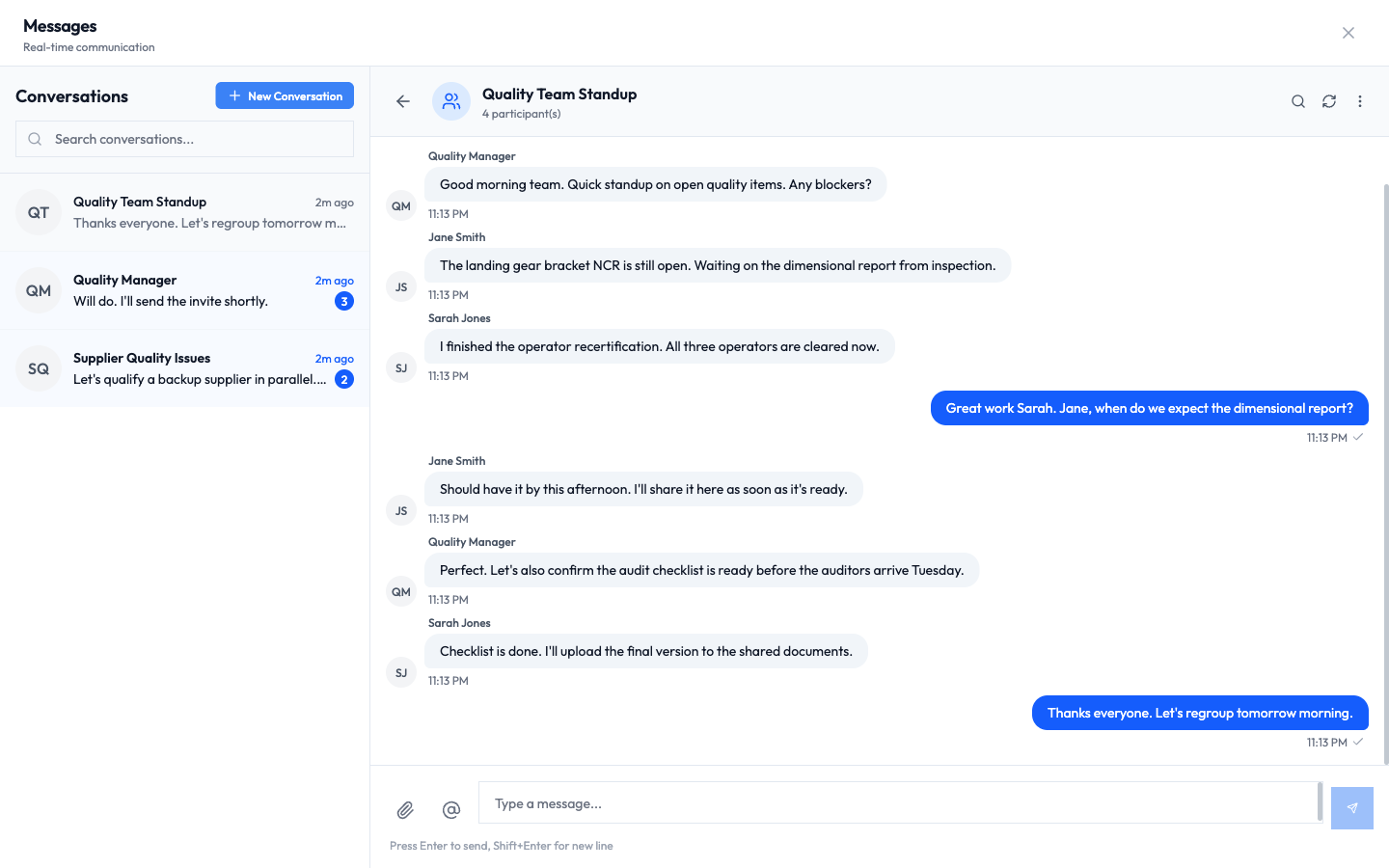 An open group conversation showing messages from several people, with the reader's own messages on the right in blue