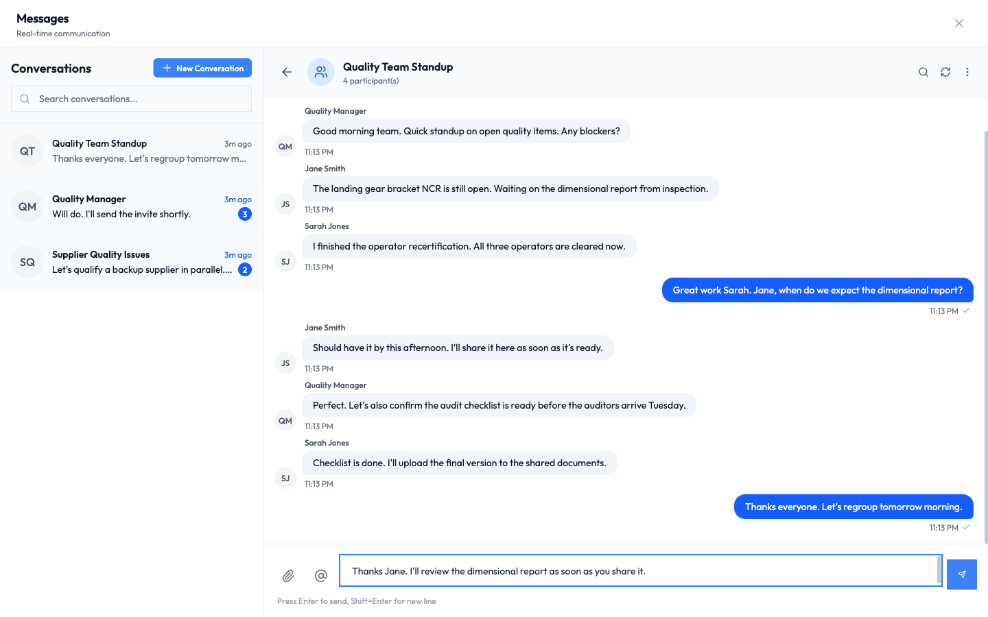 The message box at the bottom of a conversation with a typed message and the send button active
