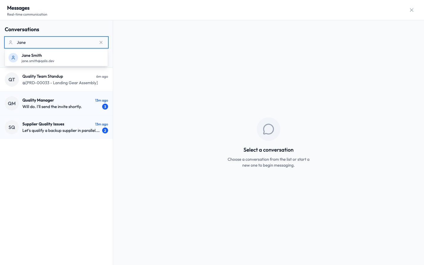 The New Conversation user picker with Jane typed in, showing Jane Smith as a match