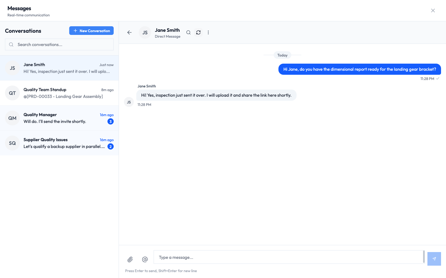A new direct message with Jane Smith, showing the first message sent and a reply