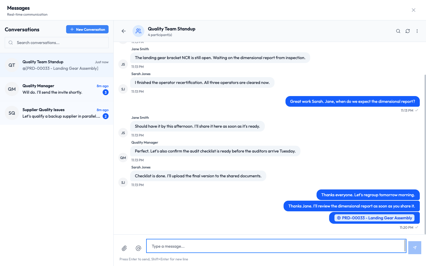 A sent message showing a part reference as a blue chip linking to the record