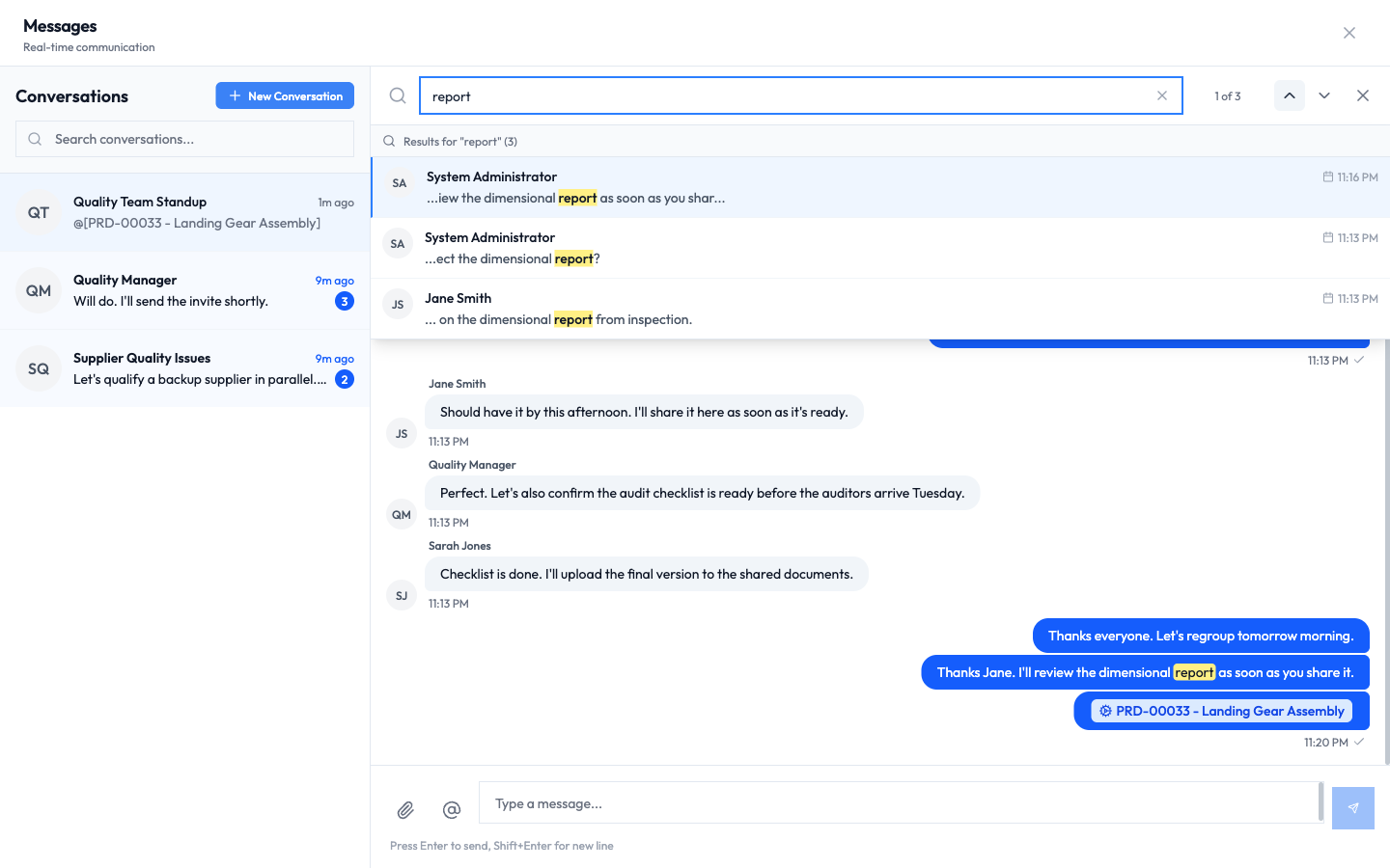 An in conversation search for the word report, showing three highlighted matches and a 1 of 3 counter