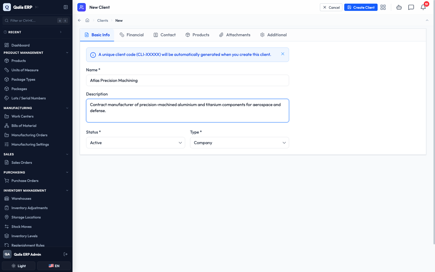 The Basic Info tab with a name, description, status and type filled in