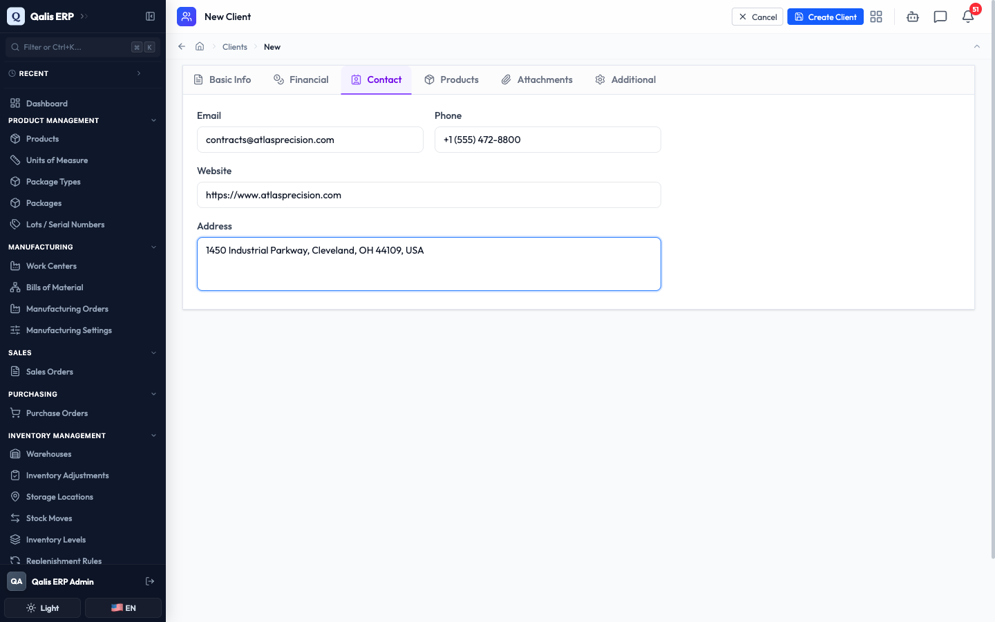 The Contact tab with email, phone, website and address filled in