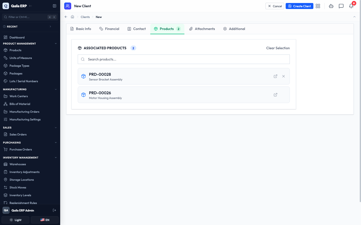 The Products tab with two products linked to the client
