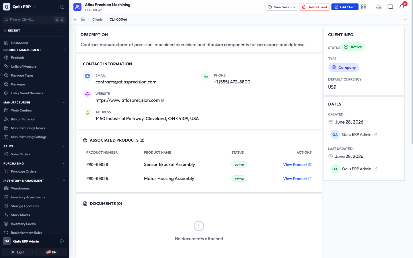 The new Atlas Precision Machining client detail page after it is created