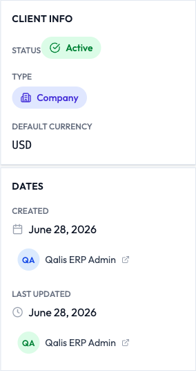 The right-hand panel summarising status, type, currency and the created and updated history