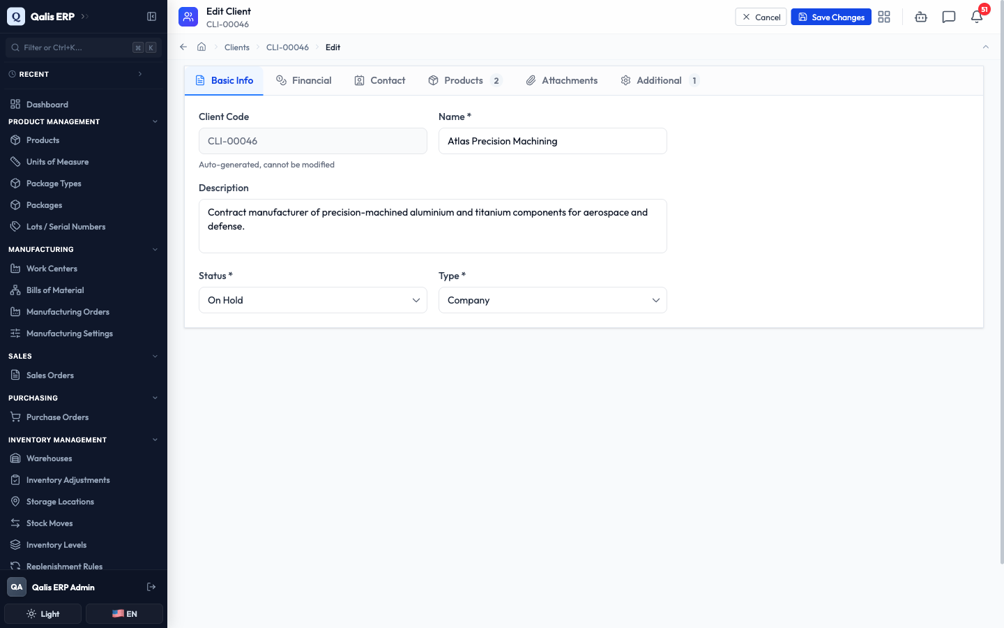 The edit form on the Basic Info tab with the status changed to On Hold