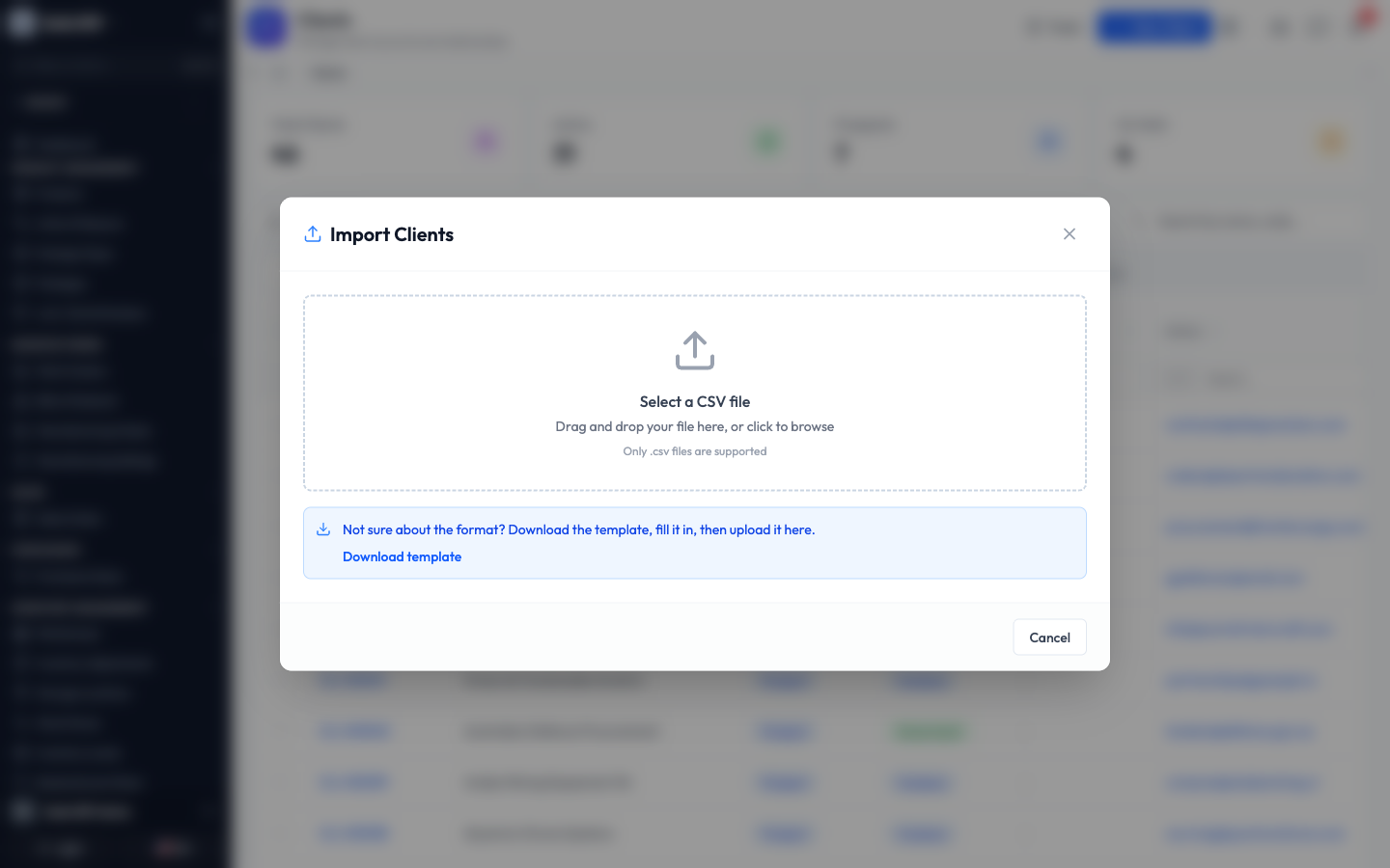 The import window with a drop area for a CSV file and a download template link