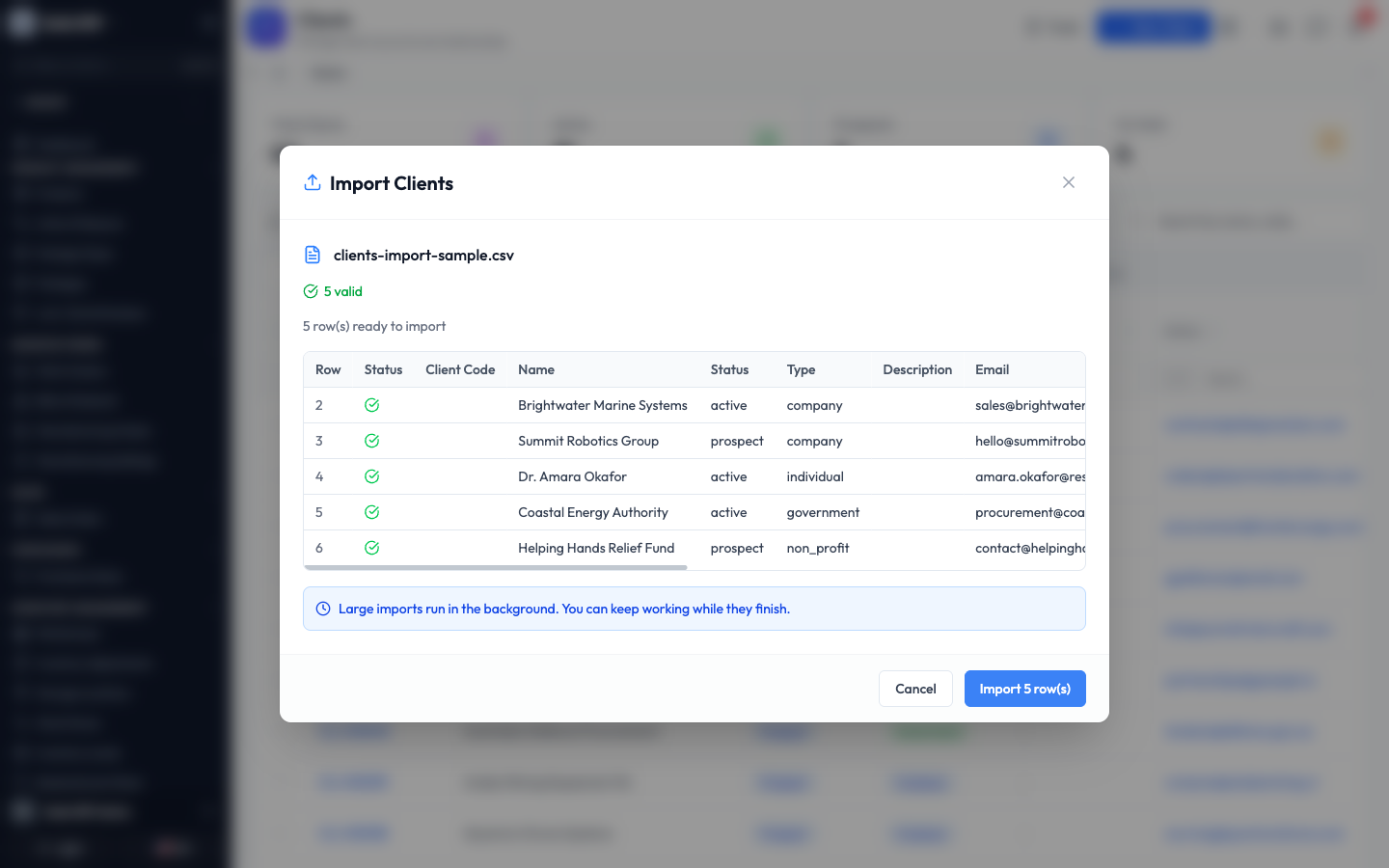 The import preview showing five valid rows ready to import