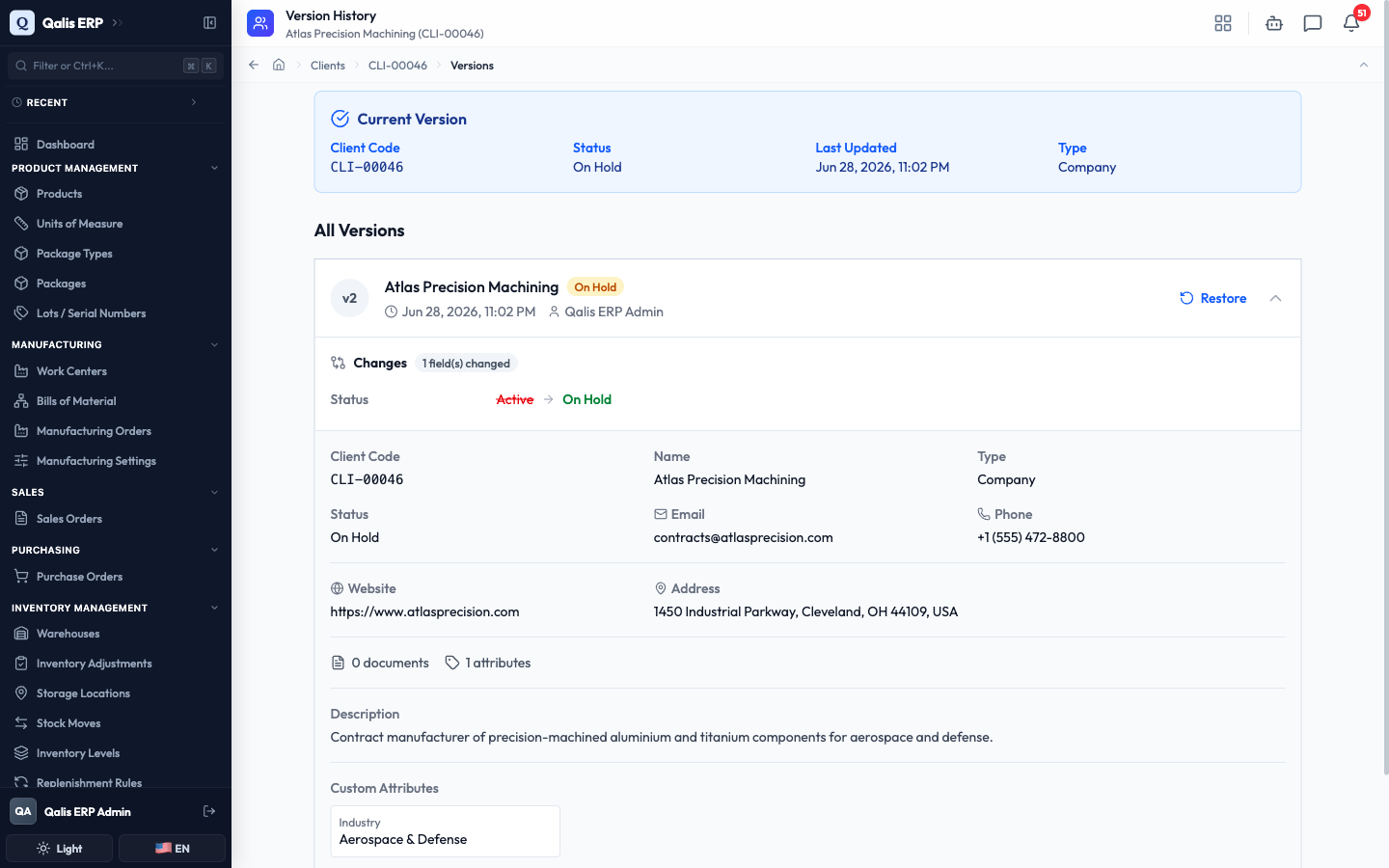 The version history with the latest version expanded, showing the status changing from Active to On Hold