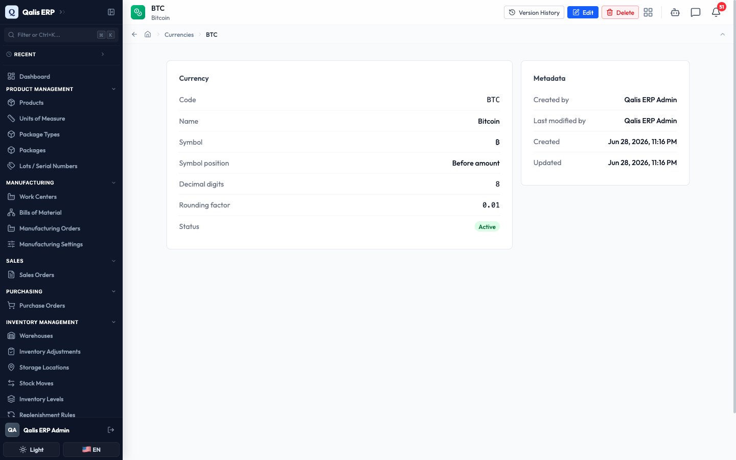The saved Bitcoin currency detail page showing its details and who created it