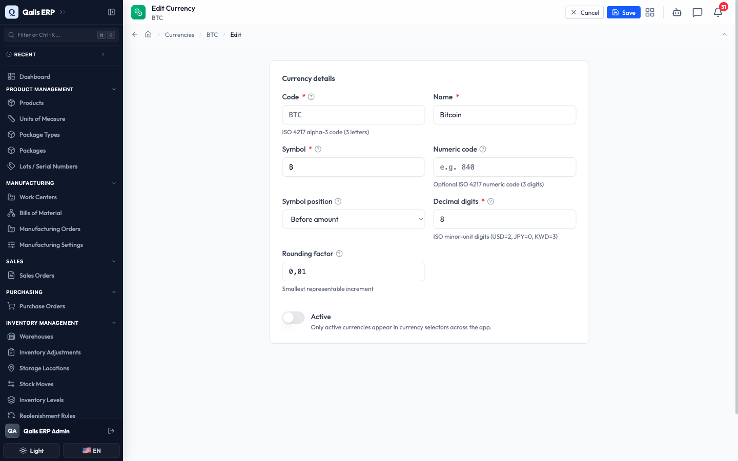 The edit form with the Code field locked and the Active switch turned off