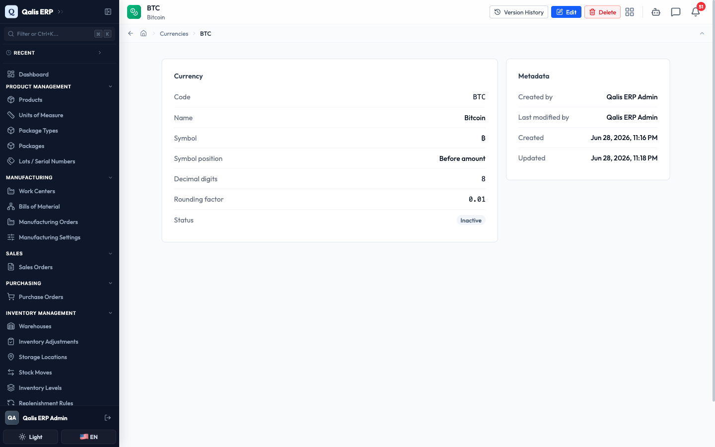 The detail page after editing, with the status now showing Inactive