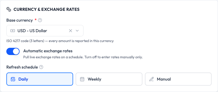 The Currency and exchange rates settings showing the base currency, the automatic rates toggle, and the refresh schedule