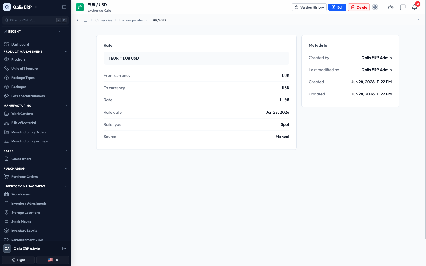 The exchange rate detail page reading 1 EUR = 1.08 USD, with the rate date, type Spot, and source Manual