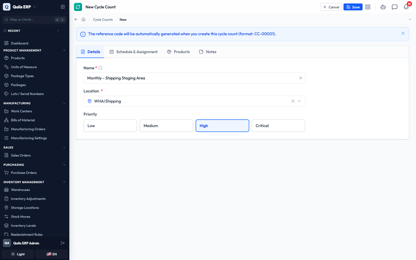 The Details tab with a name, the WHA/Shipping location, and High priority chosen