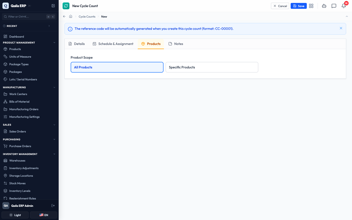 The Products tab with All Products selected