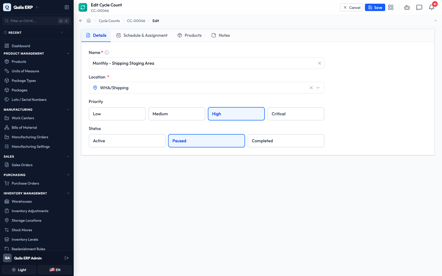 The edit form with the Status set to Paused