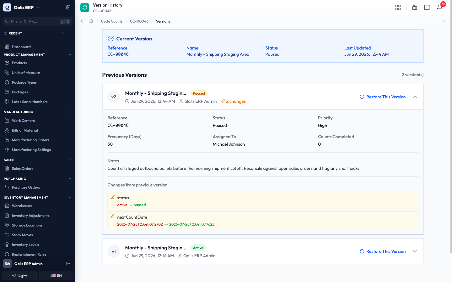The expanded version showing the status change from active to paused