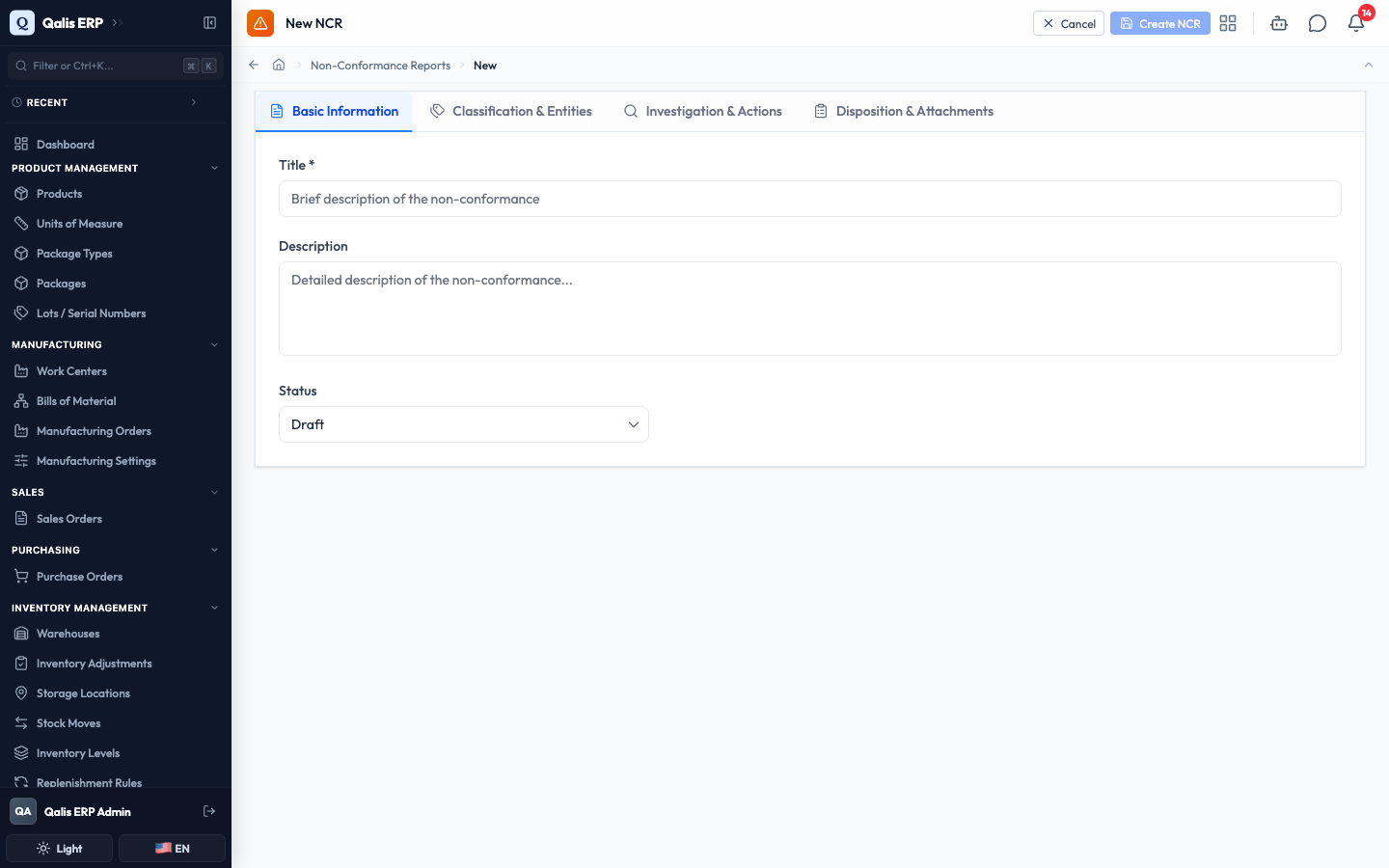 The Create NCR form opened from a quick action
